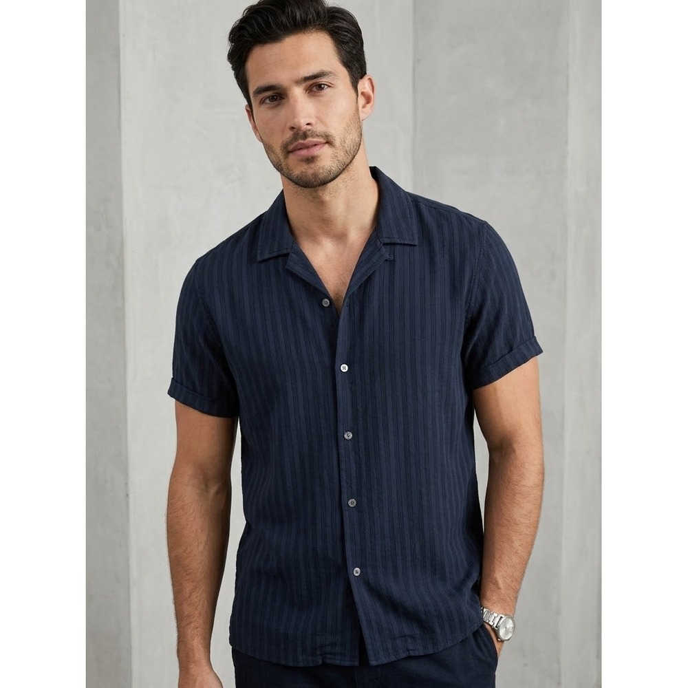 Rails Sinclair Navy Stripe Button Down Shirt Resort Casual Short Sleeve Mens L